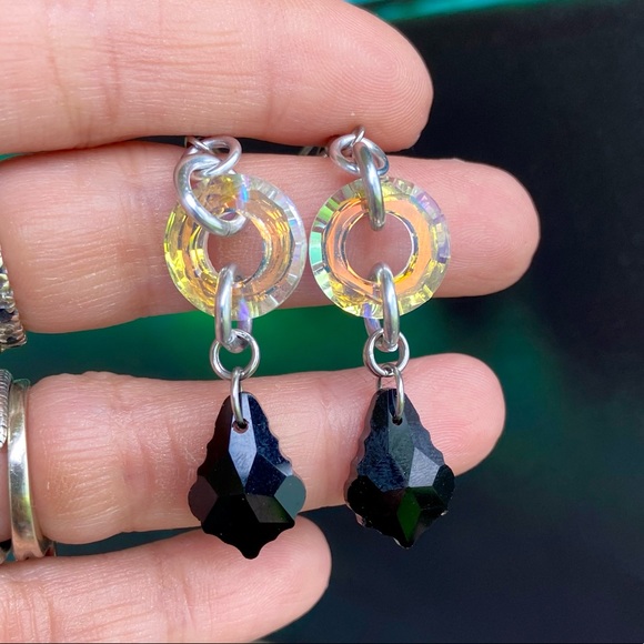 Iridescent rainbow Swarovski circle charms with black austrian crystals earrings - Picture 5 of 12